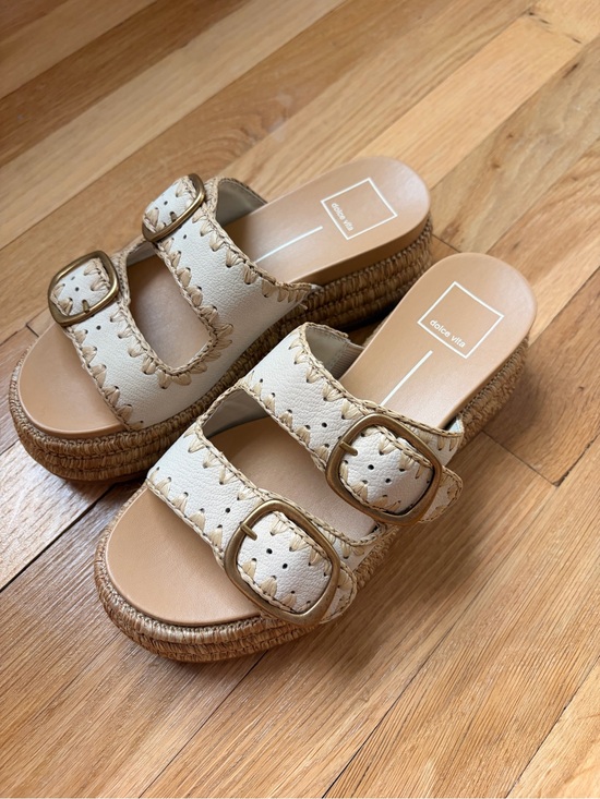 Dolce Vita Shoes - Dolce Vita Cream Espadrille Platform Slide Sandals with Gold Buckles